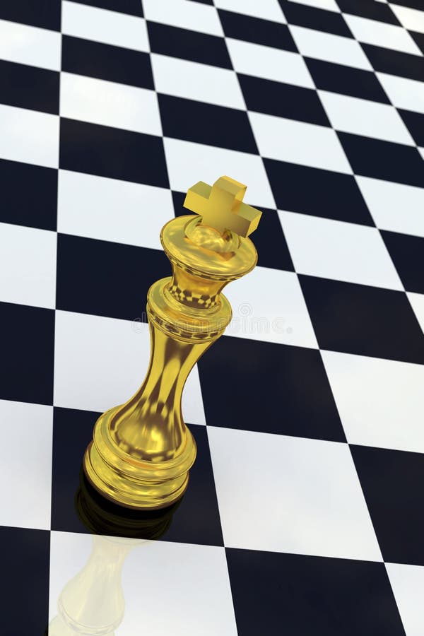 Golden Chess King In Front Of A Checkered Board Stock Photo