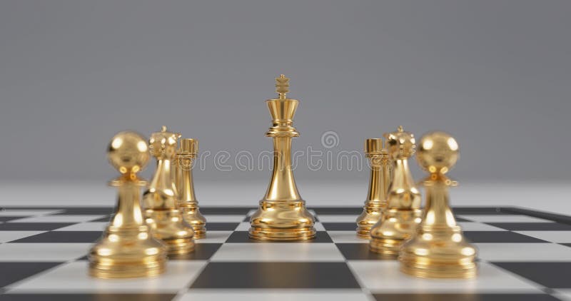 Golden Chess King In Front Of A Checkered Board Stock Photo