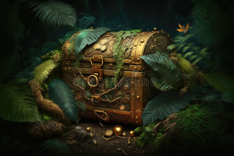 Golden Chest in the Jungle with Treasures and Valuables Stock