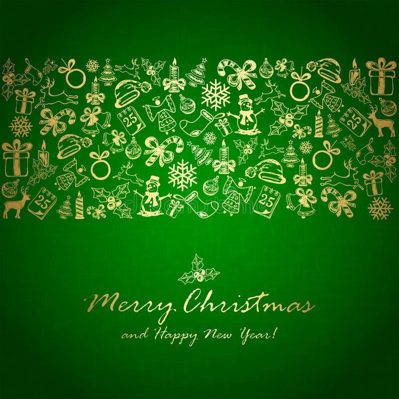 Golden Christmas Decorations on Green Background Stock Vector ...