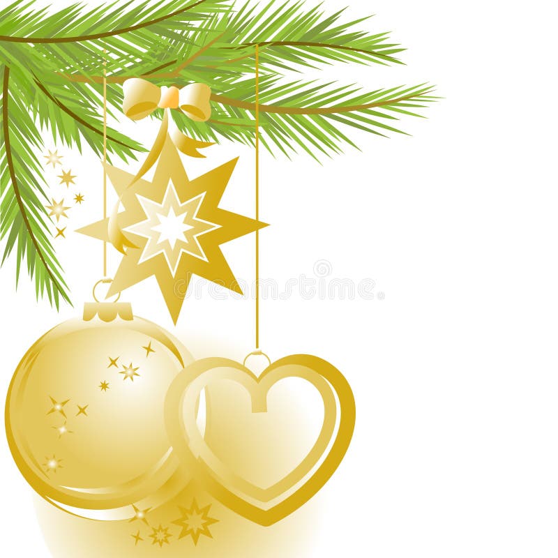 Golden Christmas ornaments and pine tree stock illustration Golden Christmas ornaments and pine tree stock illustration
