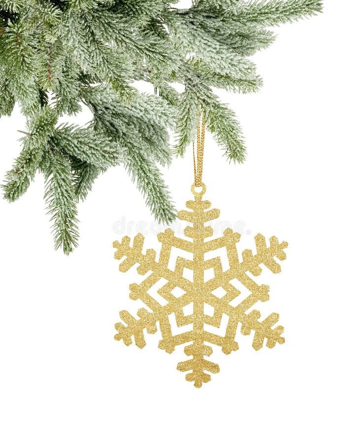 Golden Christmas snowflake on ribbon on snow tree branch isolate