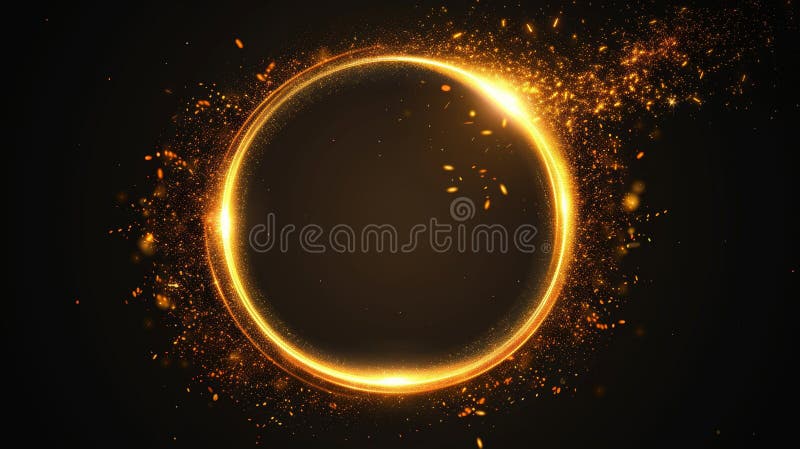 A golden circle frame with glitter sparkles on black background. A realistic modern illustration of neon light round royalty free stock photography