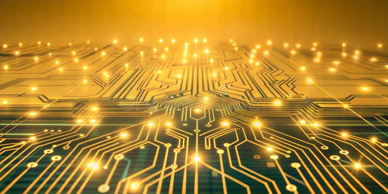 A golden circuit board with illuminated pathways and connections representing modern technological advancements vector illustration