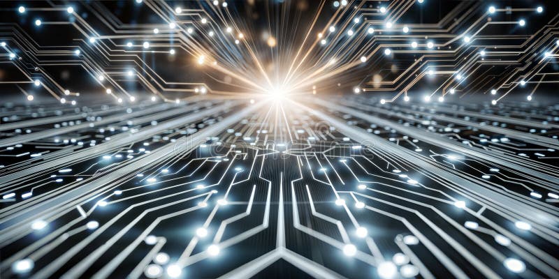 A golden circuit board with illuminated pathways and connections representing modern technological advancements royalty free illustration
