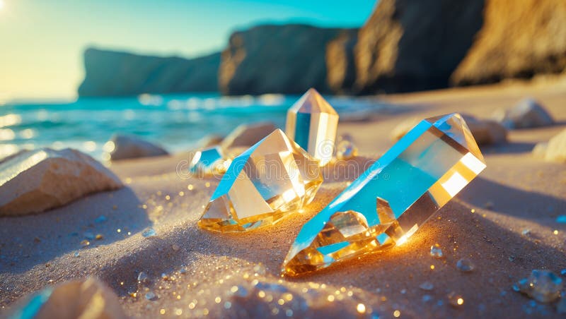 Golden Citrine Crystals på Sandy Beach i Sunset : En häpnadsväckande visning av naturens skönhet vektor illustrationer
