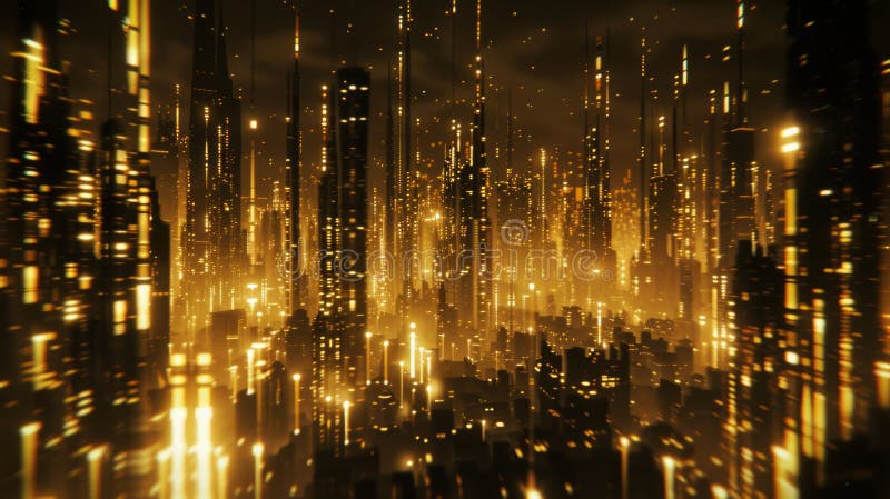 Golden Cityscape på natten : Abstract Urban Glow Futuristic Metropolis 3D Render vektor illustrationer