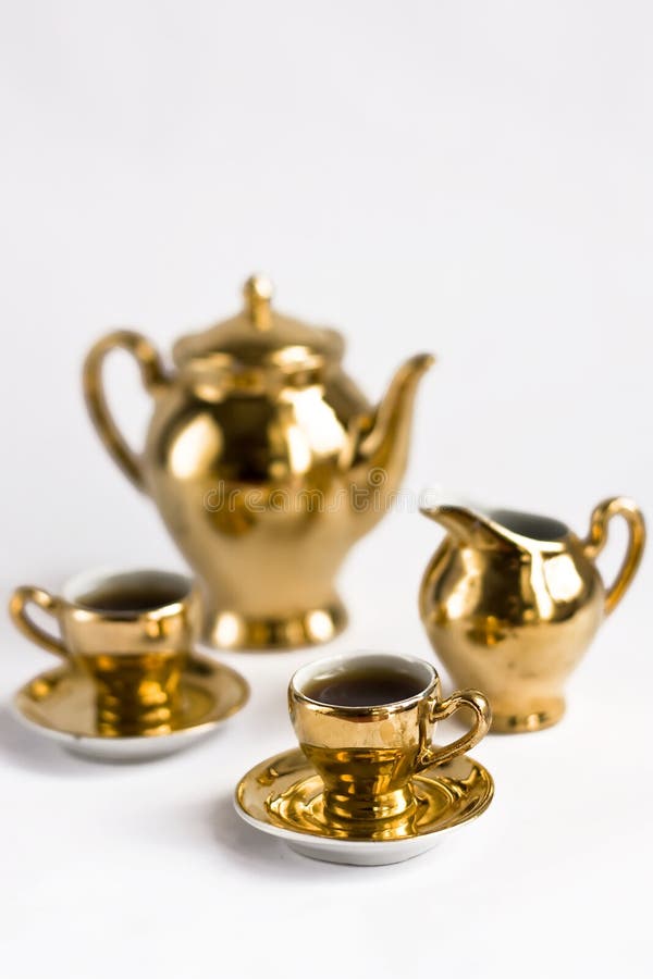 Golden Coffee Cups and Pots Stock Photo Image of still, kitchen 13388042