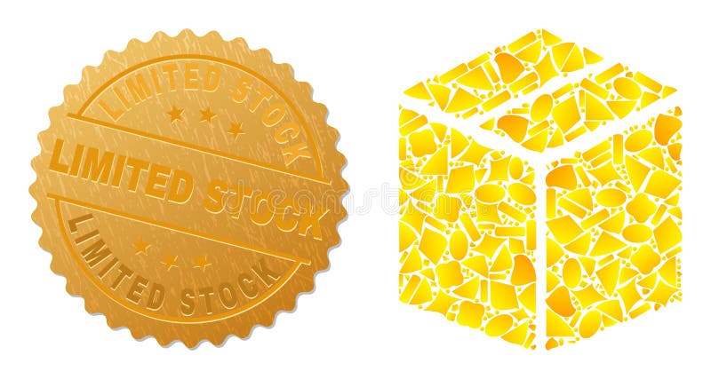 Closed Carton Box Icon Collage of Gold Elements and Metal Limited Stock Seal stock illustration