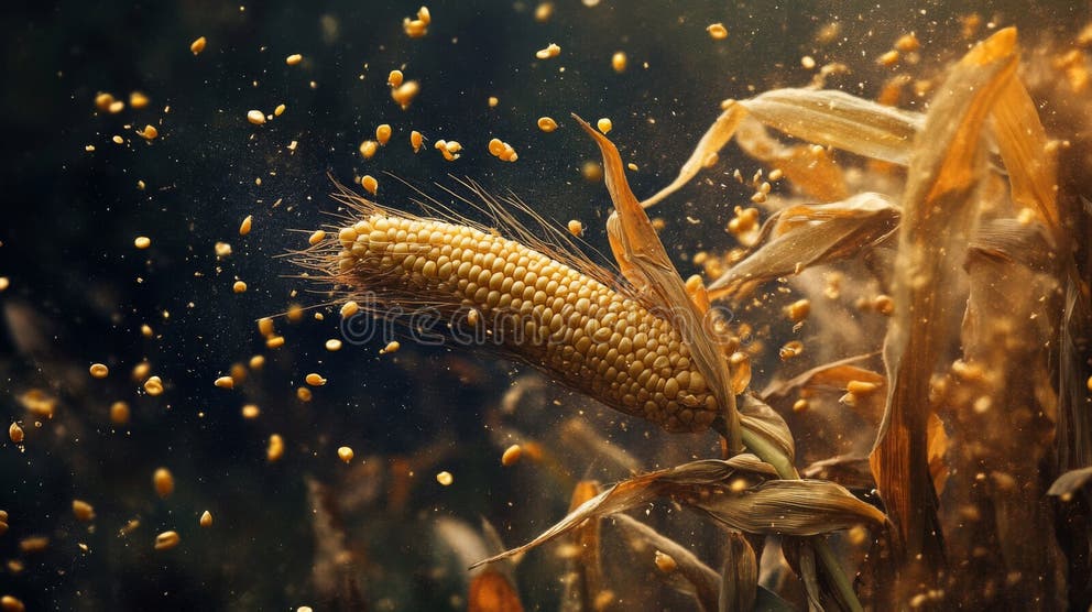 Golden Corn Kernels Exploding from Ripe Ear in Dark Field Stock ...