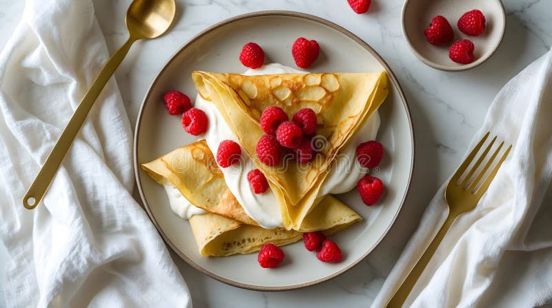 Golden Crepes med Vanilla Cream och Fresh Rasphallon stock illustrationer