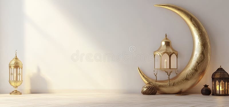 Golden Crescent Moon Ramadan Festivals Elegantes Design 3D Hope Home Shine Faith Peace lizenzfreie abbildung