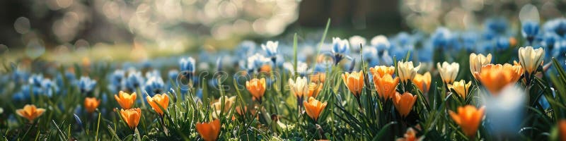 Golden Crocuses Blooming in Vibrant Spring Garden Scene royalty free stock photography