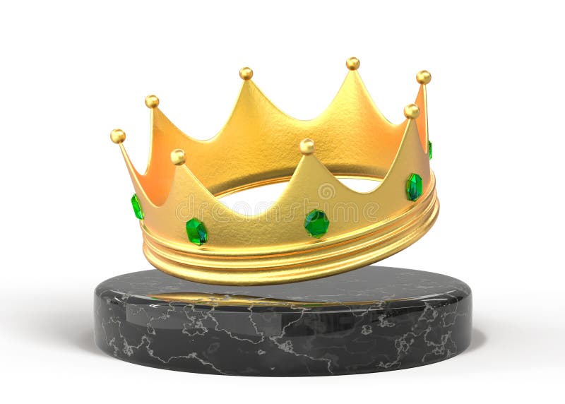 Golden crown for king, queen or monarch on black marble stone podium 3d render. Medieval royal corona with gems and stock illustration
