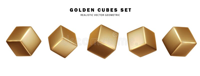 Golden cube. Gold box metallic shape. Geometric gold square realistic collection stock illustration