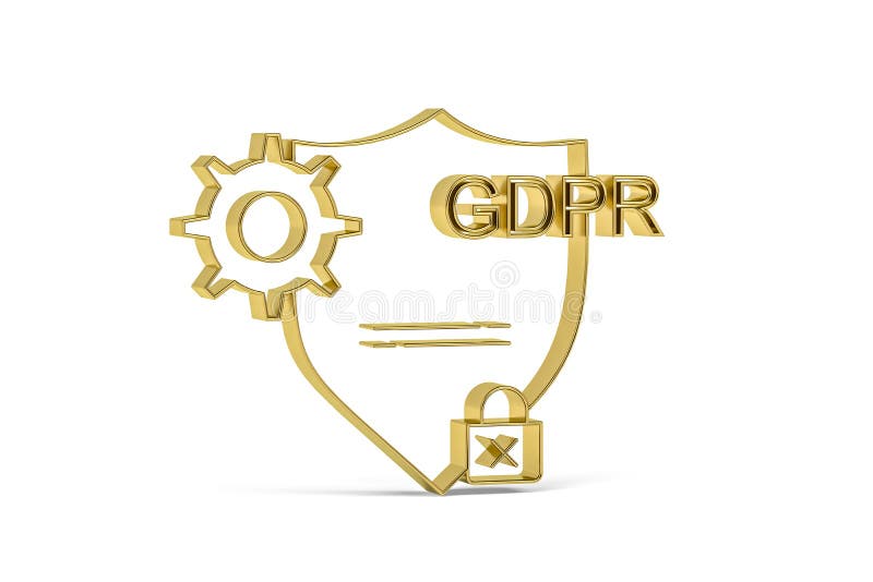 Golden 3d GDPR shield protection icon isolated on white background stock illustration
