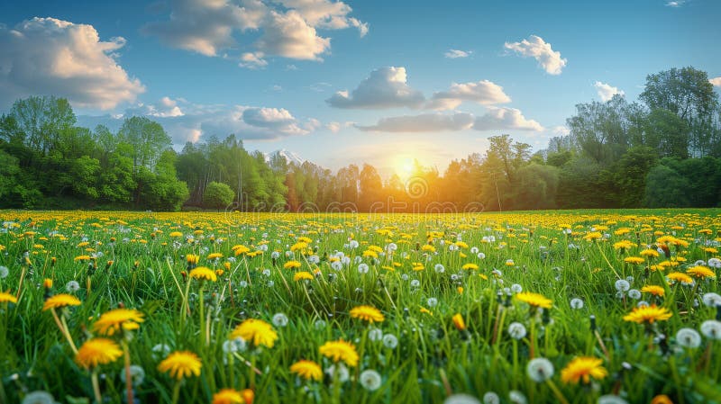 Golden dandelion field vid solnedgång med lush gröna träd royaltyfri illustrationer