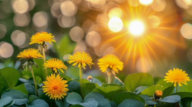 Golden Dandelions in Sunlight with Bokeh Background stock illustrationer