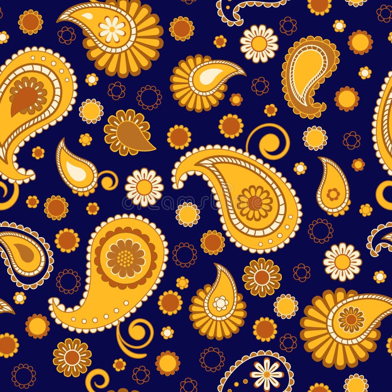 Golden on dark blue traditional oriental paisley floral seamless pattern, vector vector illustration Golden on dark blue traditional oriental paisley floral seamless pattern, vector vector illustration