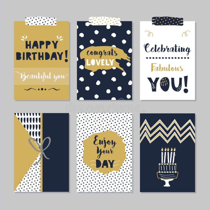 Golden and dark navy blue Happy Birthday cards set on trendy gray background vector illustration Golden and dark navy blue Happy Birthday cards set on trendy gray background vector illustration