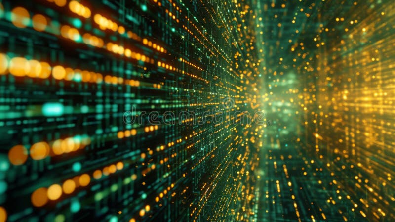 Golden data lights in a digital matrix backdrop royalty free stock photo