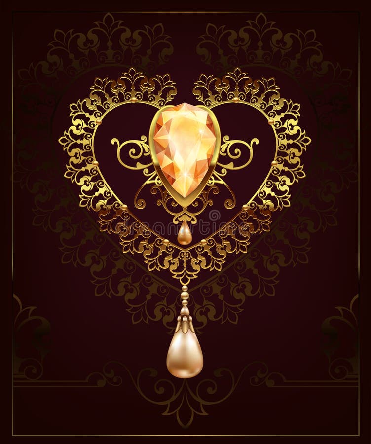 Golden decor heart with jewelry pebbles diamonds on a floral background with art deco ornament