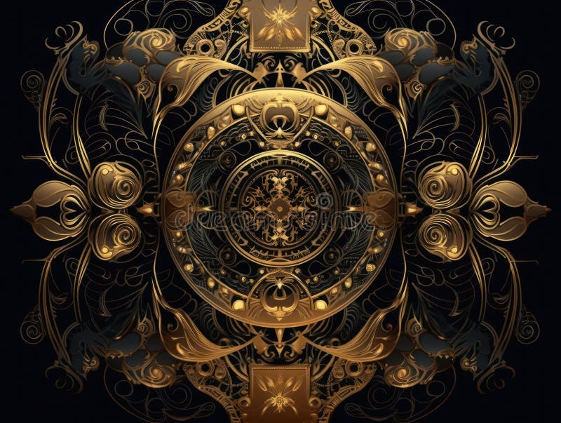 Golden Decoration with Ornate Steampunk Ornament on Black Background ...