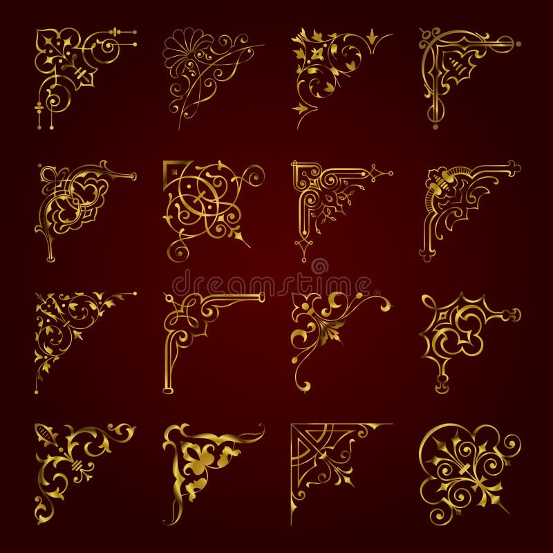 Vector set of various golden ornamental corners in vintage style. Vector set of various golden ornamental corners in vintage style