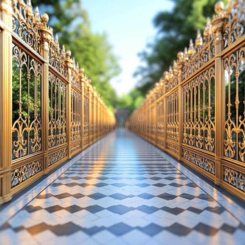 Golden decorative fence intricate metalwork details extending into distance in symmetrical architectural perspective creating vector illustration