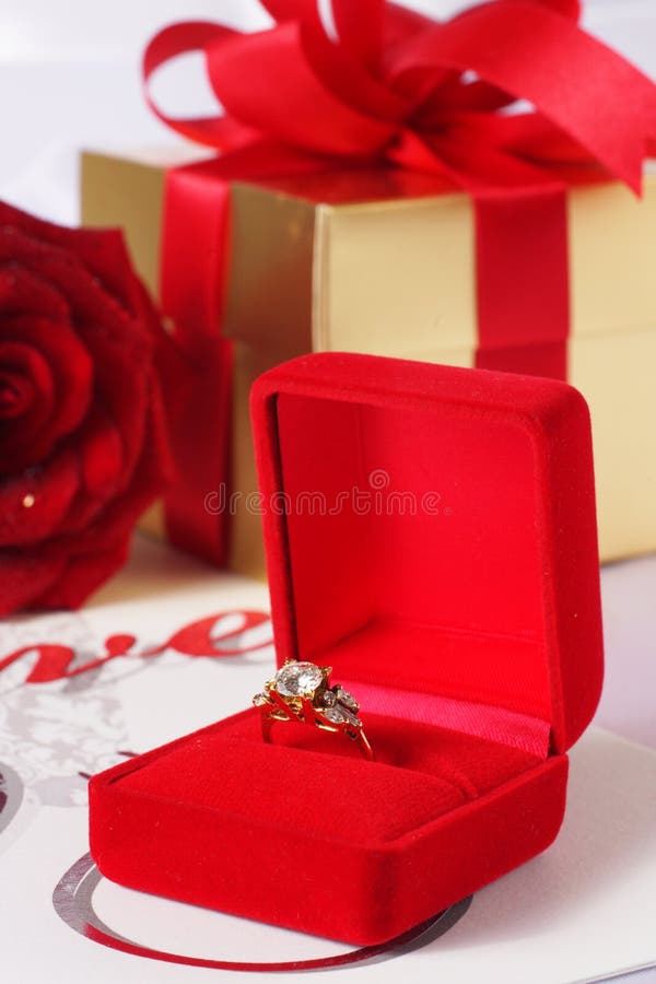 Golden Diamond Ring with Gift Box and Red Rose Stock Image Image of