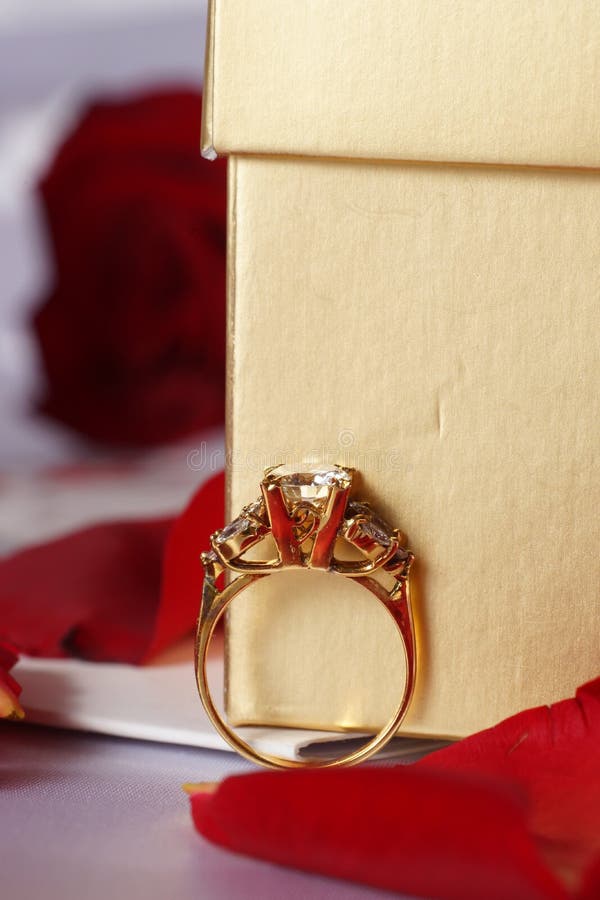 Golden Diamond Ring with Gift Box and Red Rose Stock Photo Image of