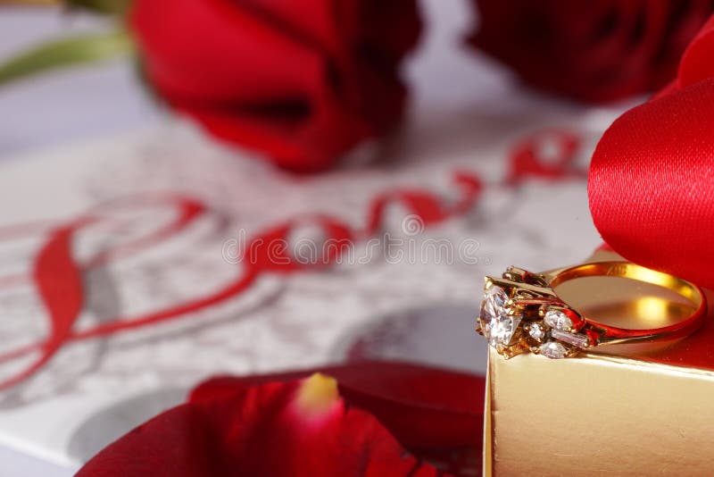 Golden Diamond Ring with Gift Box and Red Rose Stock Photo Image of