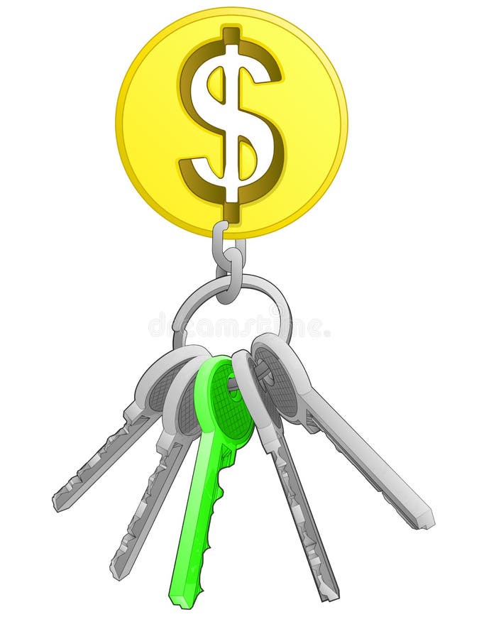 Golden Dollar Coin on Key Ring with Green One Isolated Vector Stock