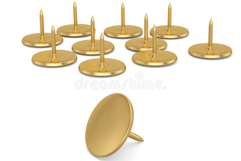 Golden Drawing Pins Isolated on White Background 3D Illustration Stock