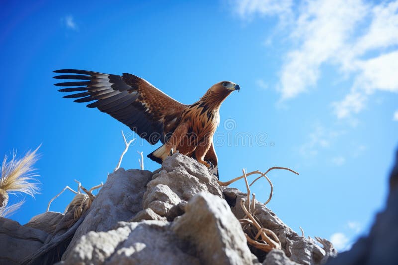 Vulturul auriu împotriva cerului albastru pe stâncă stock photo