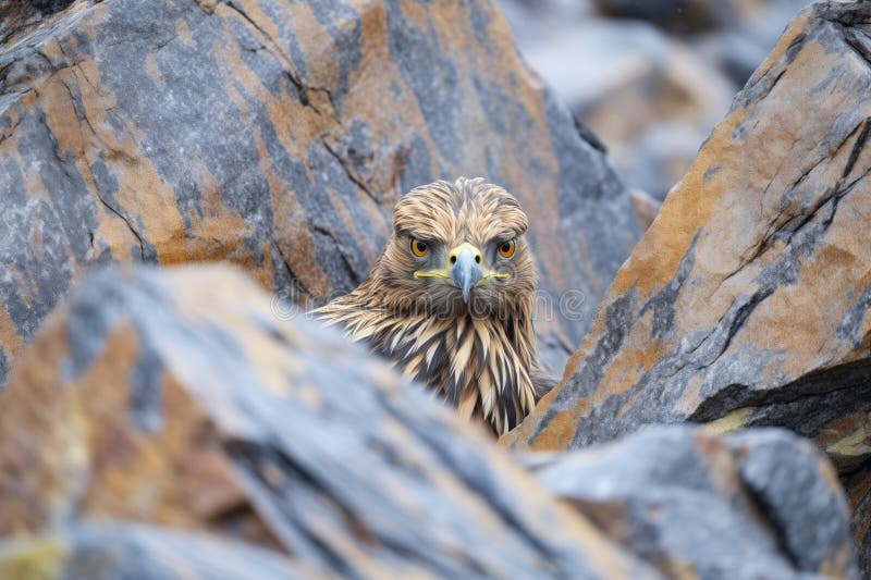 Vulturul auriu camuflat într-un teren stâncos stock photos