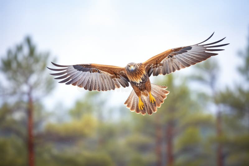 Vulturul auriu în zbor cu păduri de pin sub stock photography