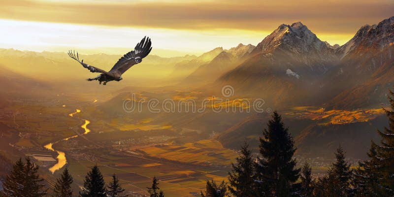 Flying Golden Eagle in autumn