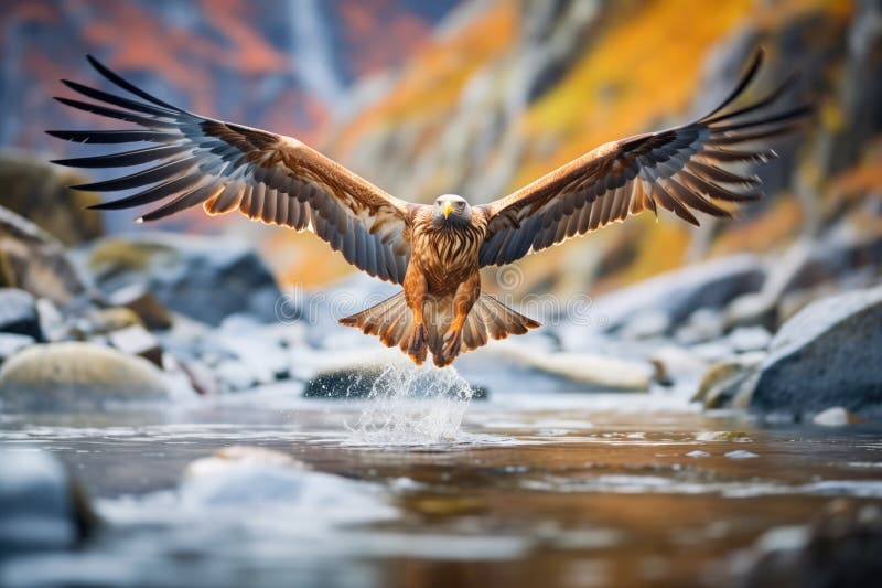 Vulturul auriu plutind peste un râu în adâncuri adânci royalty free stock images