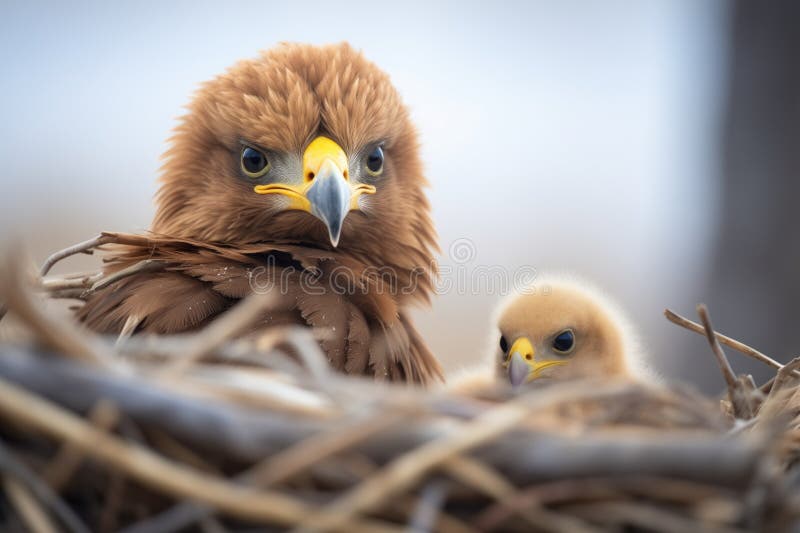 Vultur aurit în apropierea cuibului său cu pui royalty free stock image