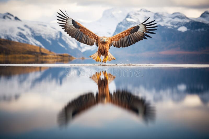 Vultur auriu năpustind peste un lac de munte vector illustration