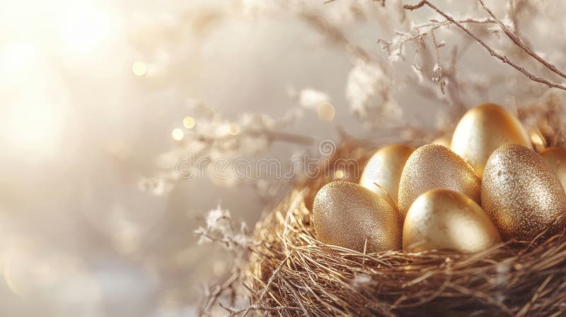 Golden Easter eggs in nest, upscale and refined holiday arrangement. Easter stock photos