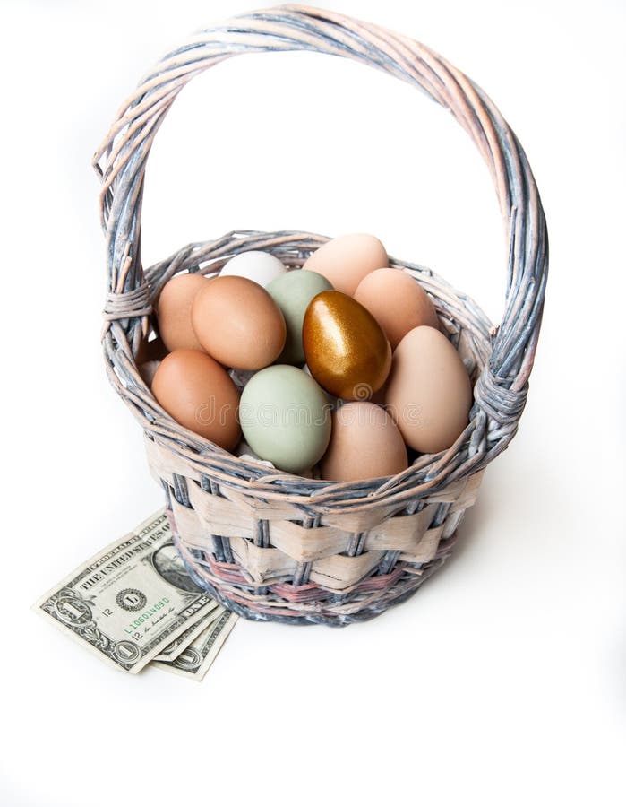 Golden egg in a basket with money