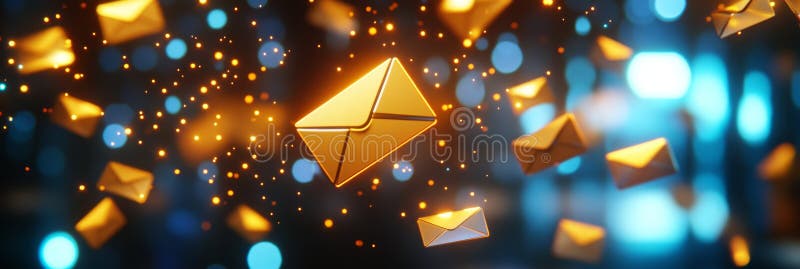 Golden Email Burst Digital communication fast messaging global network instant connection information flow stock illustration