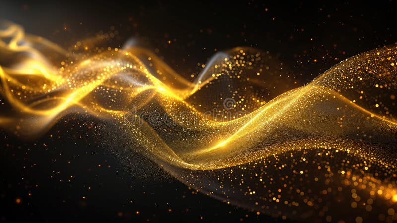 Golden energy waves moving through dark space. Fabric of space. Abstract sparkling background. Generative AI stock photo