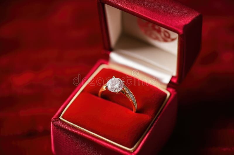 A Golden Engagement Ring in a Red Velvet Box Stock Image Image of
