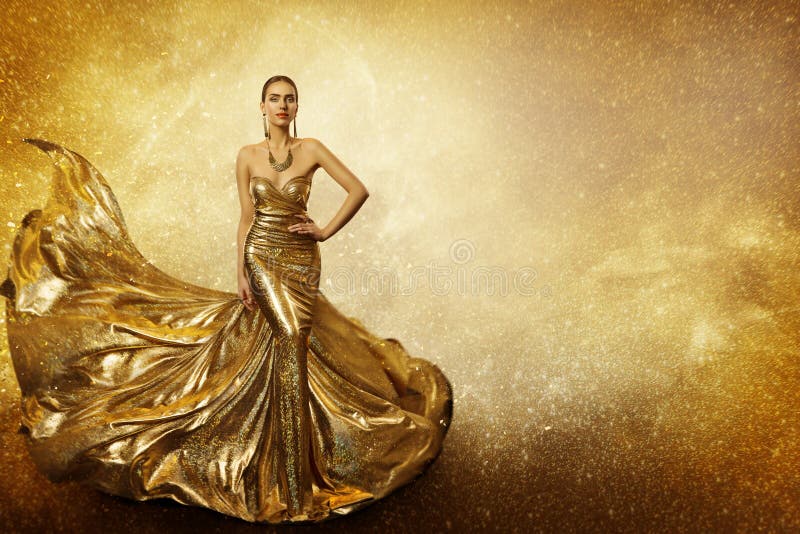 Golden Fashion Model, Woman Flying Gold Dress, Waving Gown
