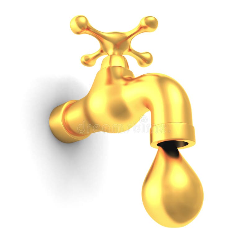 Golden Faucet Tap with Drop on White Background Stock Illustration