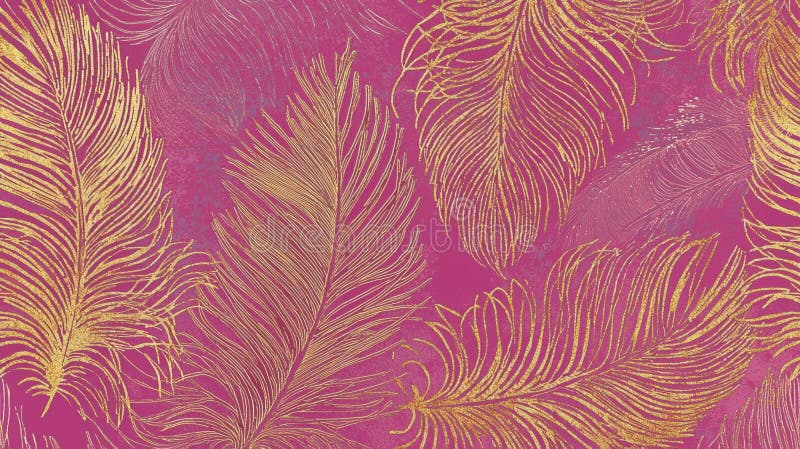 Golden feathers creating a seamless pattern on a textured pink background, infusing designs with elegance and luxury stock images