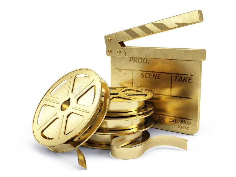 Golden Film Reels and Clapper board stock illustration Golden Film Reels and Clapper board stock illustration
